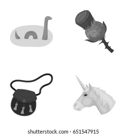 Loch Ness monster, thistle flower, unicorn, sporan. Scotland country set collection icons in monochrome style vector symbol stock illustration web.