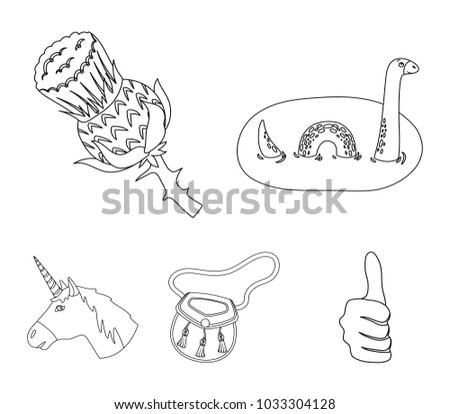 Loch Ness monster, thistle flower, unicorn, sporan. Scotland country set collection icons in outline style vector symbol stock illustration web.
