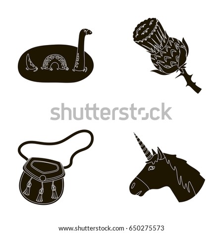 Loch Ness monster, thistle flower, unicorn, sporan. Scotland country set collection icons in black style vector symbol stock illustration web.