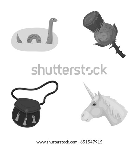 Loch Ness monster, thistle flower, unicorn, sporan. Scotland country set collection icons in monochrome style vector symbol stock illustration web.