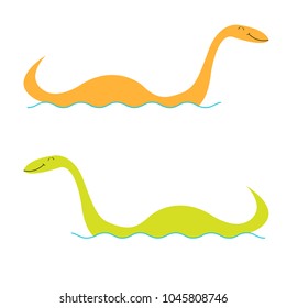 Loch Ness Nessy fictional creature set. Water monster with eye, tail Swimming floating Sea ocean wave. Dinosaur shape. Funny Cute cartoon character. Baby collection Flat design White background Vector