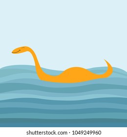 Loch Ness Nessy fictional creature. Dinosaur shape. Water monster with eye, tail Swimming floating Sea ocean waves. Funny Cute cartoon character. Baby collection. Flat design. Blue background. Vector