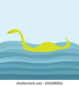 Loch Ness Nessy fictional creature. Dinosaur shape. Water monster. Swimming floating Sea ocean waves. Funny Cute cartoon character. Baby collection. Flat design. Blue background. Vector illustration