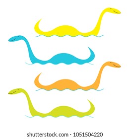 Loch Ness Nessy fictional creature big set. Water monster with eye, tail Swimming floating Sea ocean wave. Dinosaur shape. Funny Cute cartoon character. Baby collection Flat White background Vector