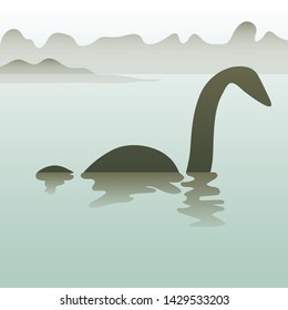 Loch nessie silhouette landscape background vector illustration hand draw desing