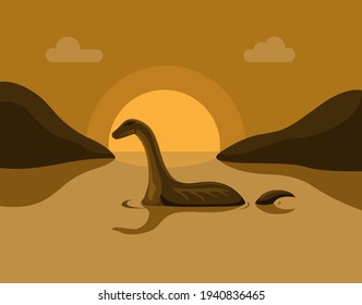 Lochness Monster Sillhouette In Lake, Urban Legend Story Scene Illustration Vector