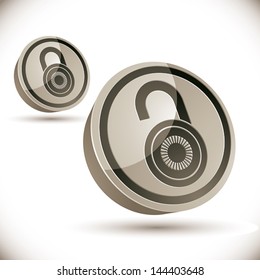 Lock 3d icon isolated on white background, open and closed versions, vector illustration.