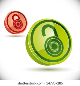 Lock 3d icon isolated on white background, open and closed versions, vector illustration.