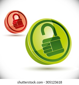 Lock 3D Symbol einzeln auf weißem Hintergrund, offene und geschlossene Versionen, Vektorgrafik.