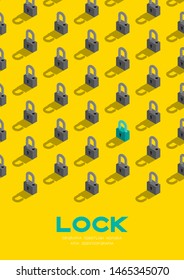 Lock 3D isometric pattern, Password unlock concept poster and banner vertical design illustration isolated on blue background with copy space, vector eps 10