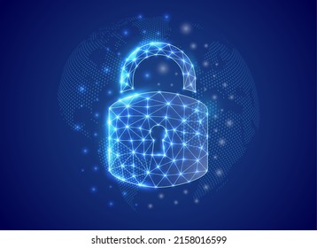 Lock 3d low poly symbol with blue world map background. Antivirus concept design illustration. Cyber security polygonal symbol with connected dots