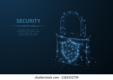 Lock. Abstract 3d polygonal lock on blue with dots and stars. Security, safe, privacy or other concept vector illustration or background