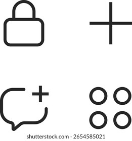 Bloquear, agregar, mensaje, icono de menú. Tres líneas que representan un panel de navegación plegable para interfaces de Web y App. Elemento UI.