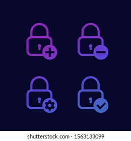 Lock with add sign, minus, gear and tick, security icons