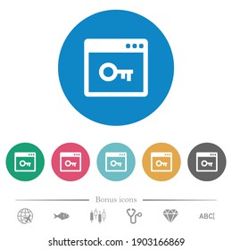 Lock application flat white icons on round color backgrounds. 6 bonus icons included.