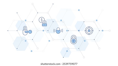 Bloquear Ilustración vectorial de Anuncio con estilo de icono en el medio. Icono de línea Duotone. Contiene dinero, candado, cerradura, objetivo.