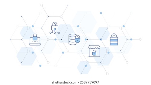 Bloquear Ilustración vectorial de Anuncio con estilo de icono en el medio. Icono de línea Duotone. Contiene portátil, candado, seguridad cibernética, protección, tienda.