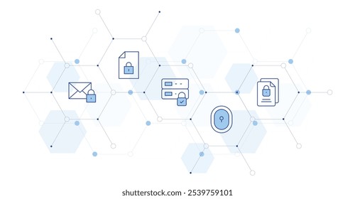 Lock Banner Vector Illustration with Icon Style in Between. Line Duotone icon. Containing envelope, file, lock, server.