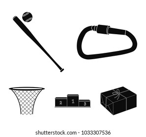 A lock for a bicycle, a ball with a ball for baseball, a podium, a basket with a basket for basketball. Sport set collection icons in black style vector symbol stock illustration web.