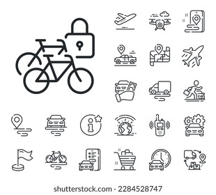 Lock bike transport sign. Plane, supply chain and place location outline icons. Bicycle lockers line icon. Outdoor parking place symbol. Bicycle lockers line sign. Vector