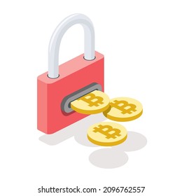 Sperren Sie Bitcoin-Münzen. Vektor 3d isometrisch, Farbe Web-Symbole, neue flache Stil. Kreative Illustration, Design-Idee für Infografiken.