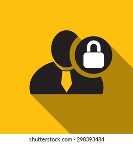 Lock black man silhouette icon on the yellow background, long shadow flat design icon for forums or web