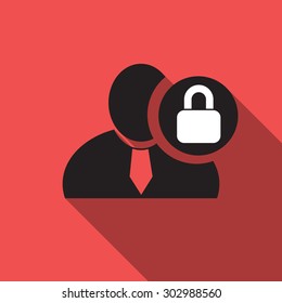 Lock black man silhouette icon on the red vintage background, long shadow flat design icon for forums or web