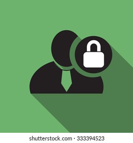 Lock black man silhouette icon on the green vintage background, long shadow flat design icon for forums or web