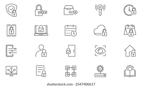Lock and block line icon set. Locked, padlock, lock open, investment, fintech, change, Startup, access, Password, key, closed line icon set. Ui thin line icon pack.
