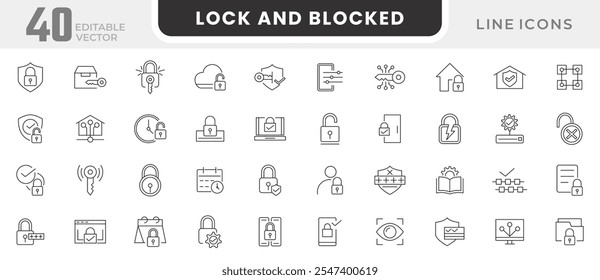Lock and block line icon set. Locked, padlock, lock open, investment, fintech, change, Startup, access, Password, key, closed line icon set. Ui thin line icon pack.