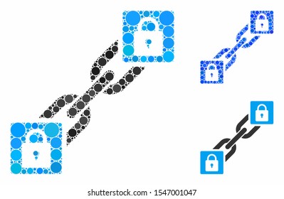 Lock blockchain mosaic of small circles in various sizes and color tinges, based on lock blockchain icon. Vector small circles are grouped into blue mosaic.