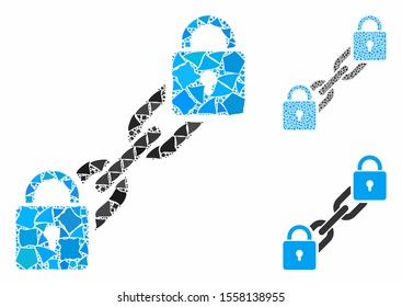 Lock blockchain mosaic of uneven parts in various sizes and shades, based on lock blockchain icon. Vector uneven pieces are united into collage. Lock blockchain icons collage with dotted pattern.