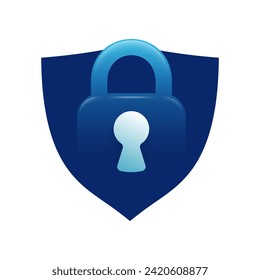Bloquear icono azul en 3D brillante estilo - sistemas de seguridad, protección o pictograma de servicio antivirus en forma de escudo