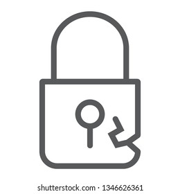 Lock breach line icon, privacy and protect, padlock sign, vector graphics, a linear pattern on a white background, eps 10.