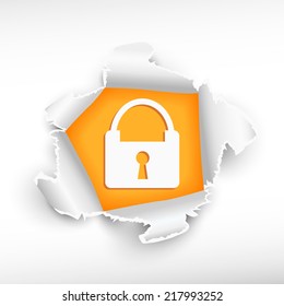 Lock and breakthrough paper hole with ragged edges with a space for your message.