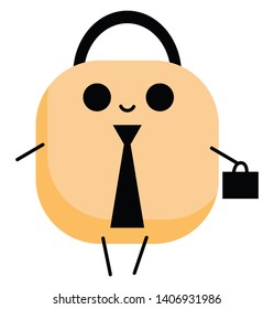 Lock with brown and black color, two eyes, a nose and a tie, holding a small bag, vector, color drawing or illustration. 