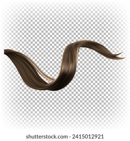 A lock of brown curly hair. Healthy ends. Vector 3D realistic illustration on transparent background