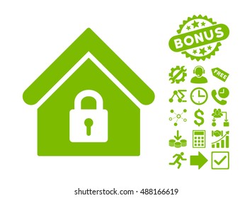 Lock Building icon with bonus clip art. Vector illustration style is flat iconic symbols, eco green color, white background.