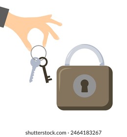 lock and bunch of keys on a ring in hand vector illustration design isolated