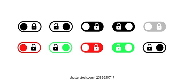 Lock buttons. Different styles, on off buttons with lock, lock buttons. Vector icons
