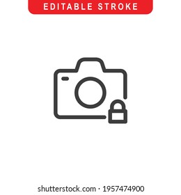 Lock Camera Outline Icon. Camera with Padlock Line Art Logo. Vector Illustration. Isolated on White Background. Editable Stroke