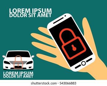 Lock car and tariff trace with mobile phone application. Car alarm, security system. Vector wide design