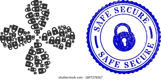 Lock centrifugal flower cluster, and blue round SAFE SECURE rough badge with icon inside. Object cluster organized from oriented lock items. Vector flower collage in flat style.