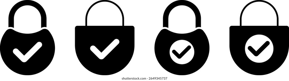 Conjunto de iconos de comprobación de bloqueo. Símbolo de seguridad de marca de verificación y candado. icono de protección con símbolos de marca. signo de seguridad