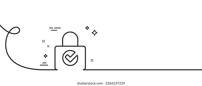 Lock with Check line icon. Continuous one line with curl. Private locker sign. Password encryption symbol. Password encryption single outline ribbon. Loop curve pattern. Vector