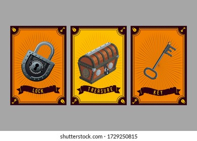 Lock, chest and key. Card game collection. Fantasy ui kit with magic items. User interface design elements with decorative frame. Cartoon vector illustration.