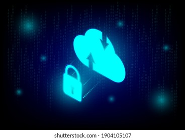 Lock and cloud computing transfer data file on dark binary code background. Communication of business and financial. Security and cloud data storage concept.