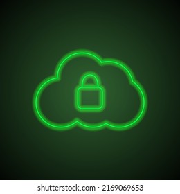 Lock, cloud simple icon vector. Flat design. Green neon on black background with green light.ai