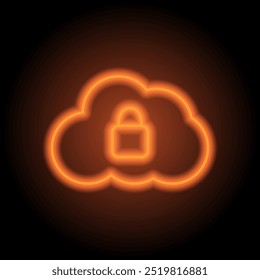 Lock, cloud simple icon vector. Flat design. Orange neon on black background.ai