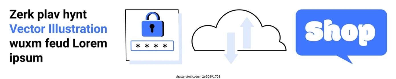 Lock with cloud upload and speech bubble saying Shop. Ideal for internet security, cloud computing, e-commerce, digital marketing, tech solutions. Banner landing page